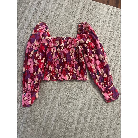 NWT Free People Ariana Pink Floral Cotton Smocked Crop Long Sleeve Top Small - Picture 12 of 12